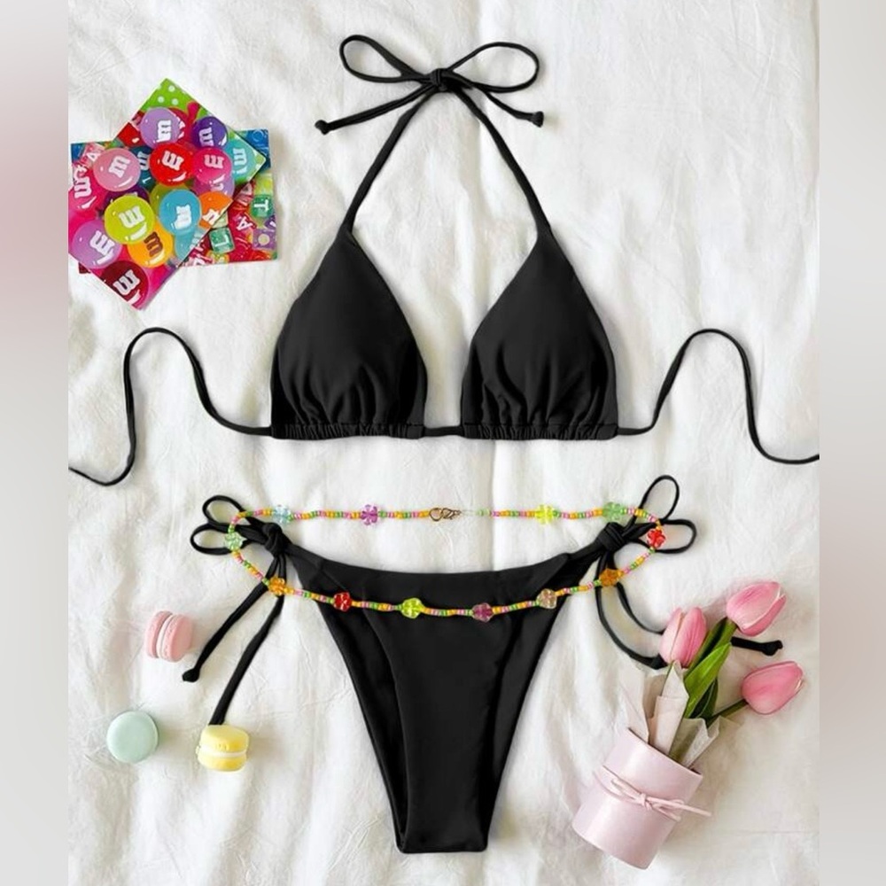 SHEIN • Women’s Chic Summer Black Tie Back Bikini Beaded Belt 3 Piece Set NWOT